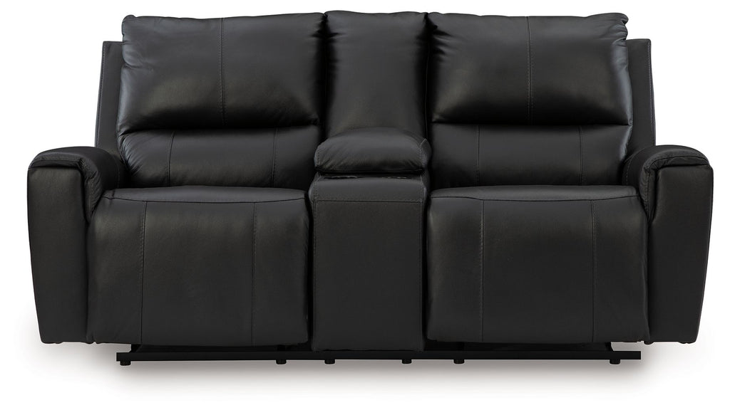 Black reclining loveseat with three seat sections and padded curved armrests