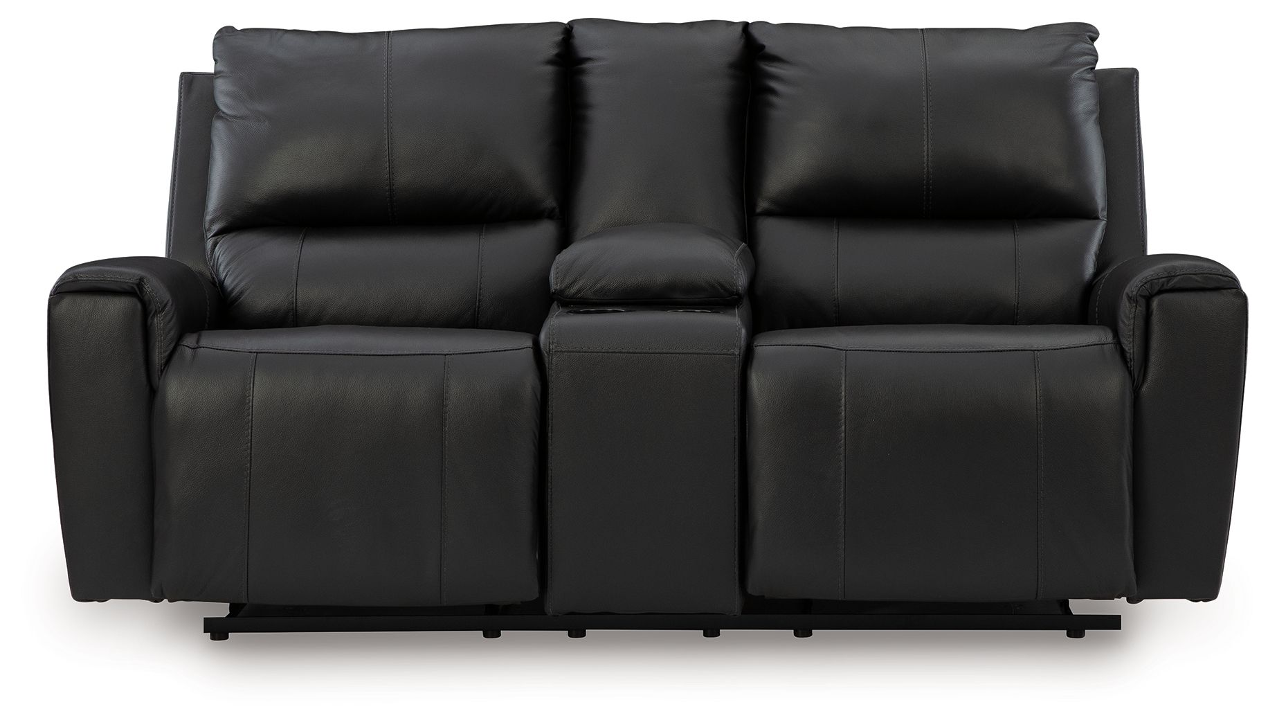 Black reclining loveseat with three seat sections and padded curved armrests