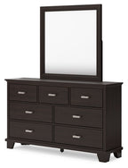 Dark brown dresser with rectangular mirror and six drawer fronts, silver bar handles.