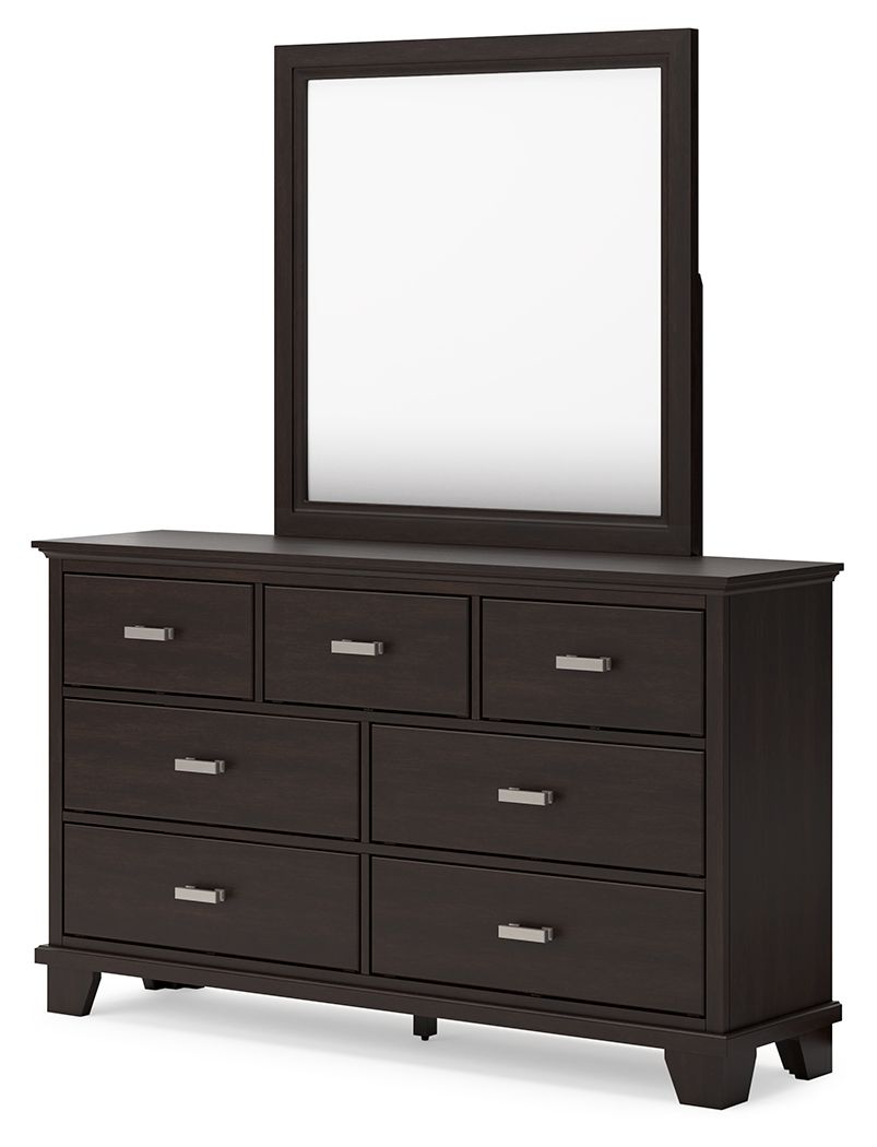 Dark brown dresser with rectangular mirror and six drawer fronts, silver bar handles.
