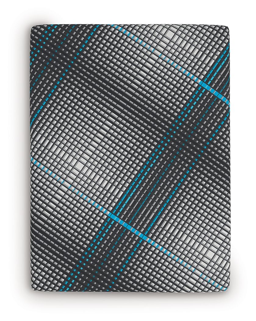 Hybrid mattress top in black with white grid pattern and teal crosshatch