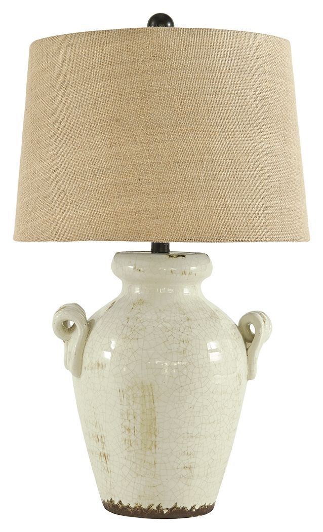Cream ceramic table lamp with cream linen drum shade, finial top