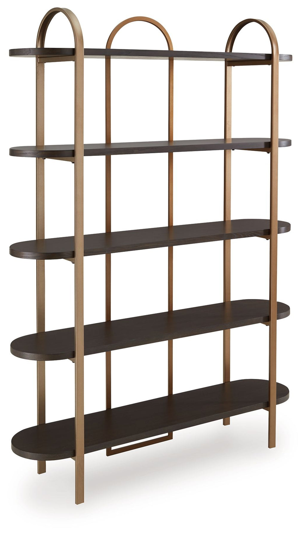 Brown wood bookcase with gold frame, arched tops and five-tier open shelves