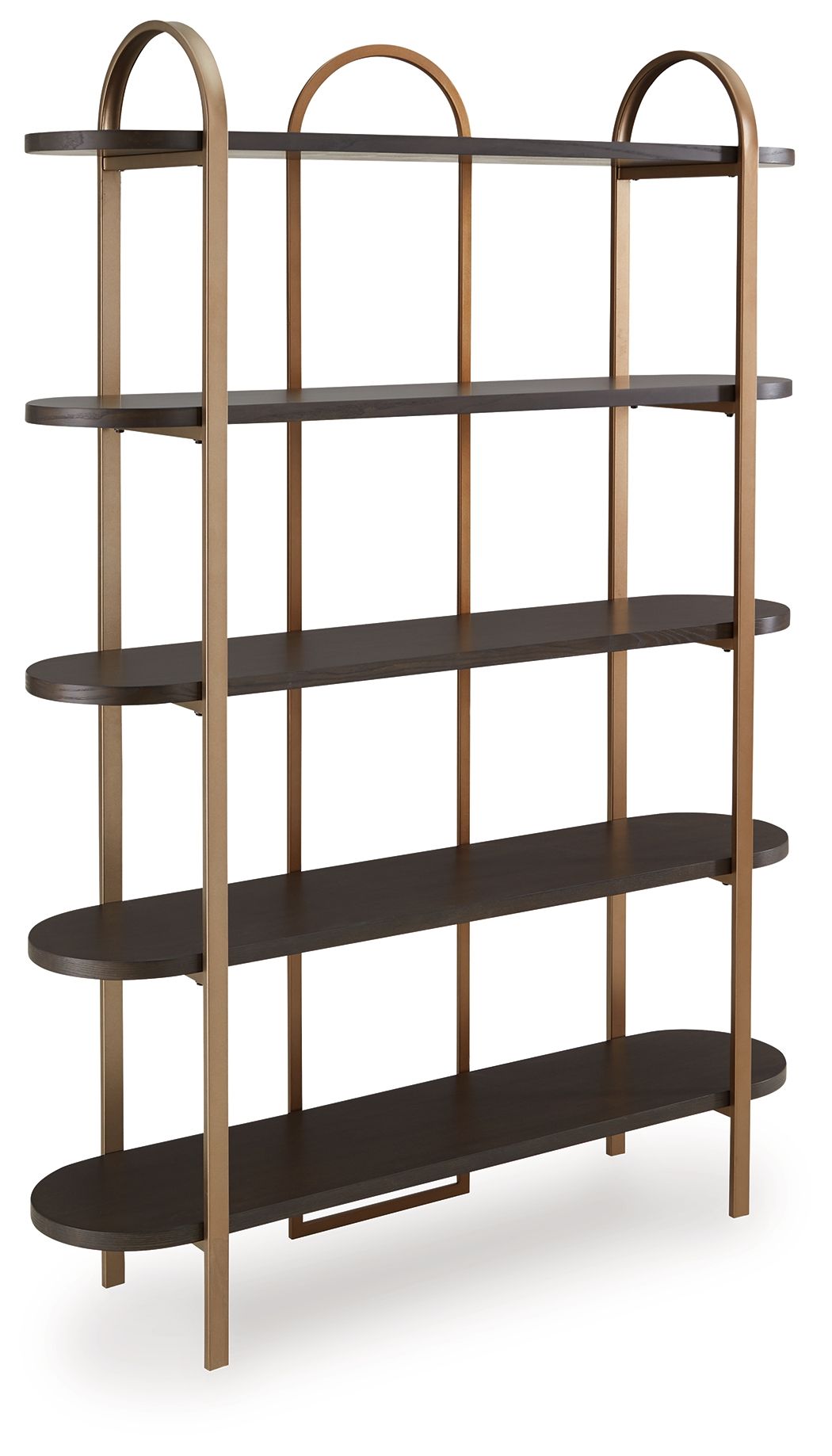 Brown wood bookcase with gold frame, arched tops and five-tier open shelves