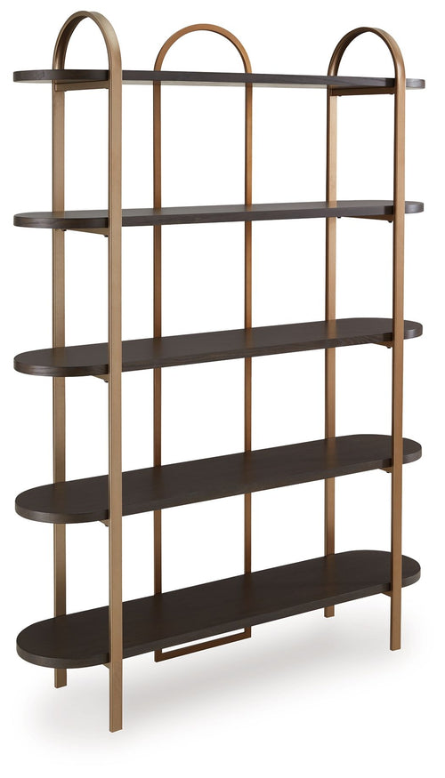 Brown wood bookcase with gold frame, arched tops and five-tier open shelves
