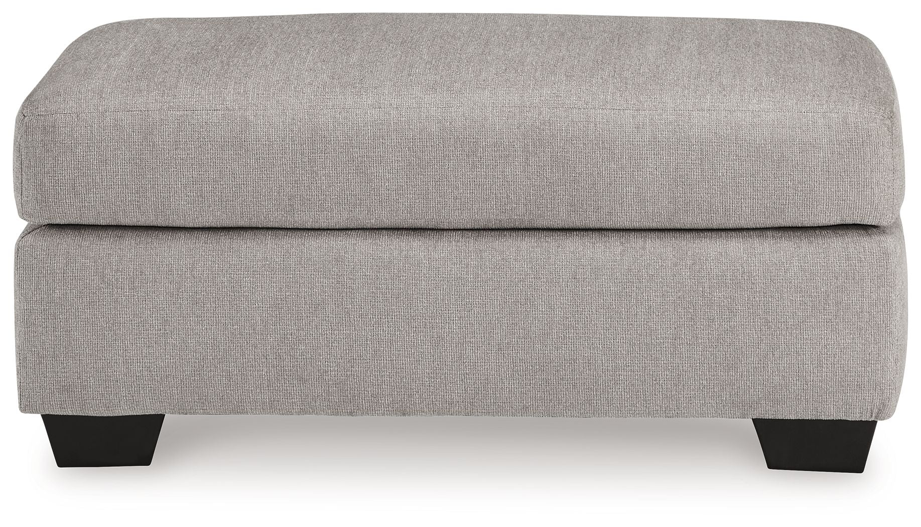 Light gray flannel ottoman with dark legs and smooth rounded sides