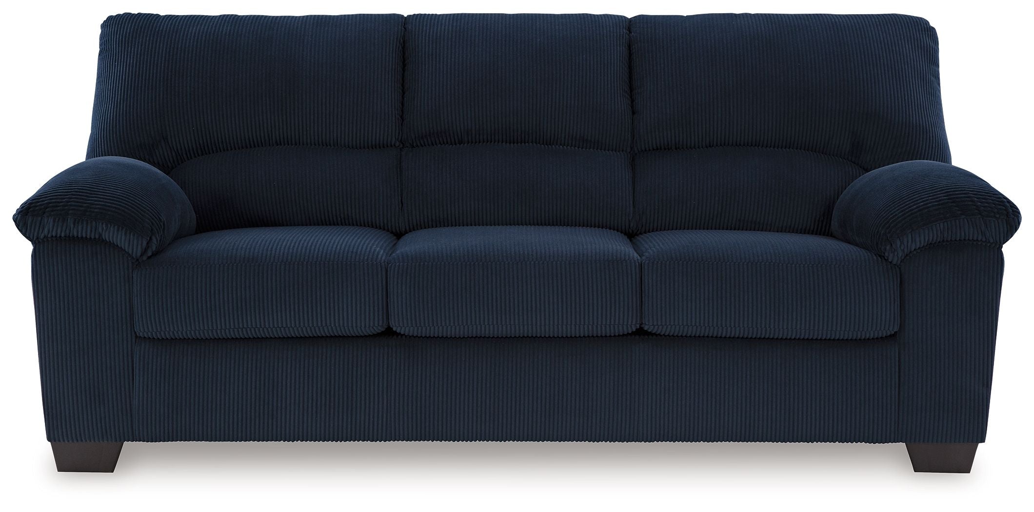 Dark navy corduroy sofa with tufted back and rolled side arms