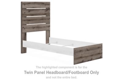 Twin panel headboard and footboard in brown-gray wood with horizontal slats