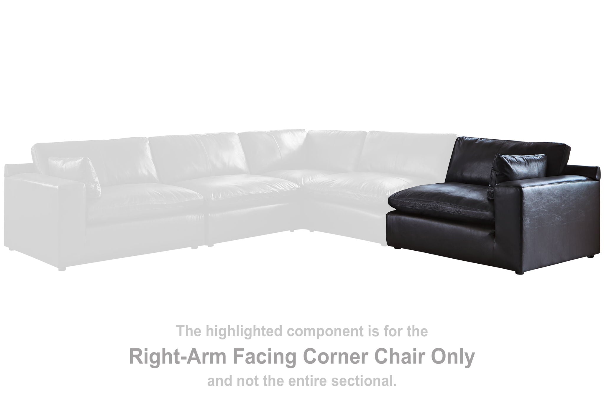 Black right-arm facing corner chair component with padded arms and backrest, vinyl