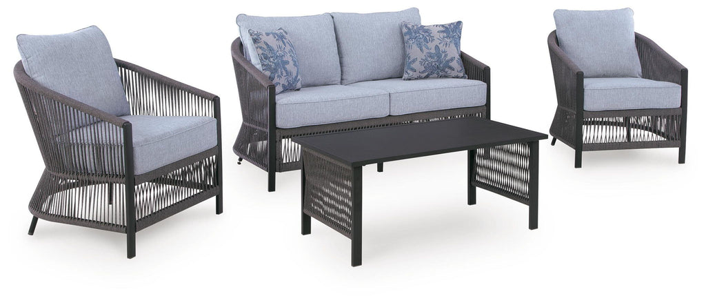 Gray outdoor lounge seating set: loveseat, two chairs, and black coffee table