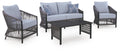 Gray outdoor lounge seating set: loveseat, two chairs, and black coffee table