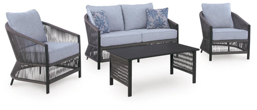Gray outdoor lounge seating set: loveseat, two chairs, and black coffee table