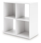 White cube storage organizer with open cubbies, front view showing square compartments