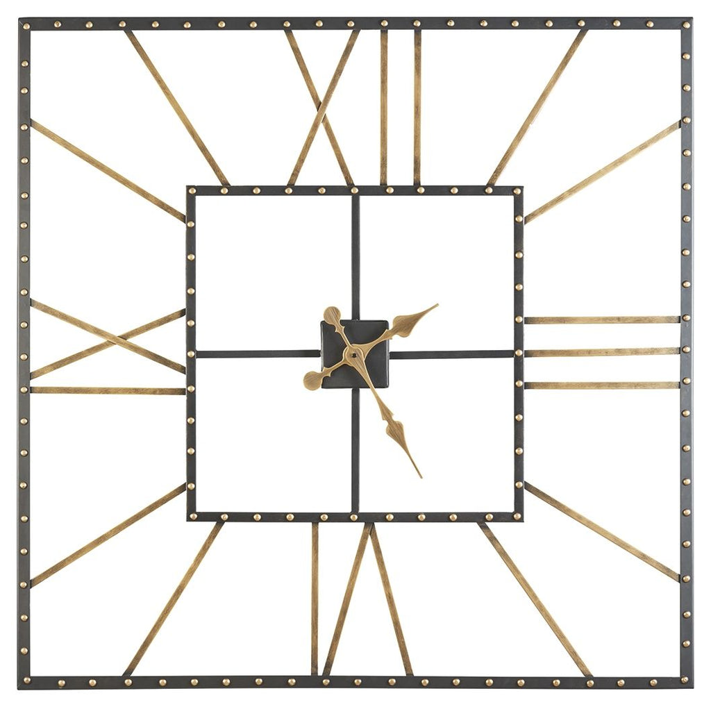 Square wall clock with black frame, gold hands, and studded bezel