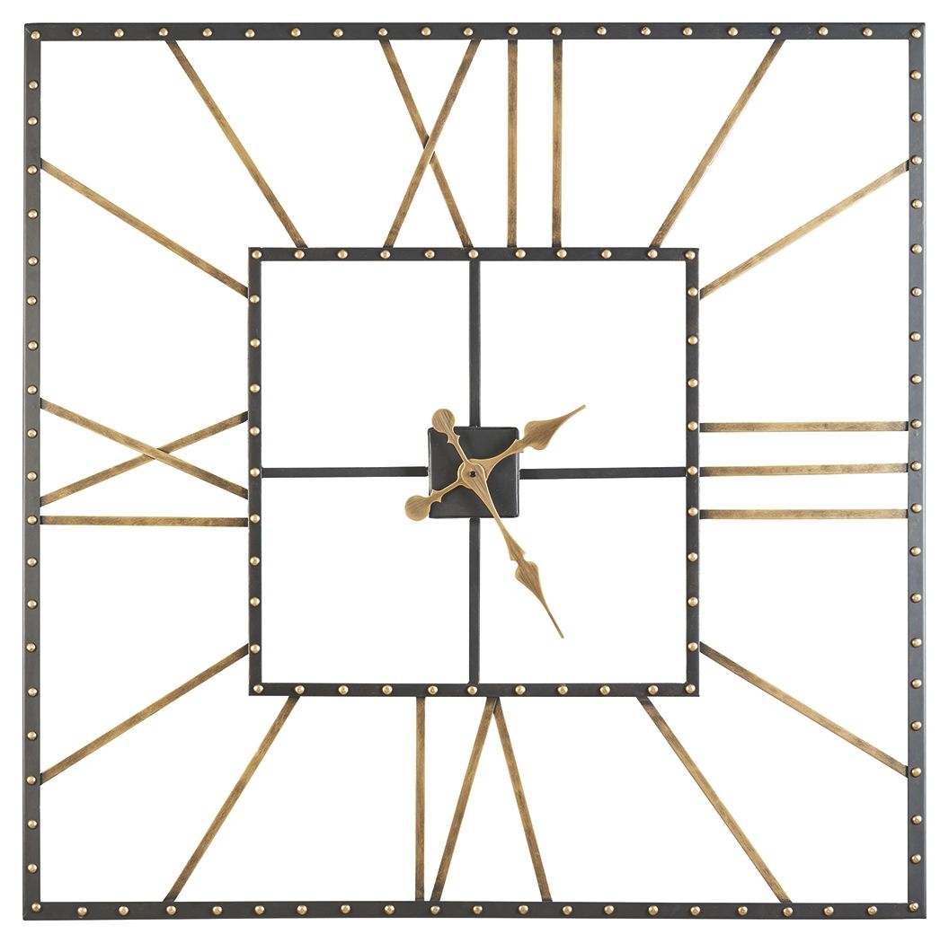 Square wall clock with black frame, gold hands, and studded bezel