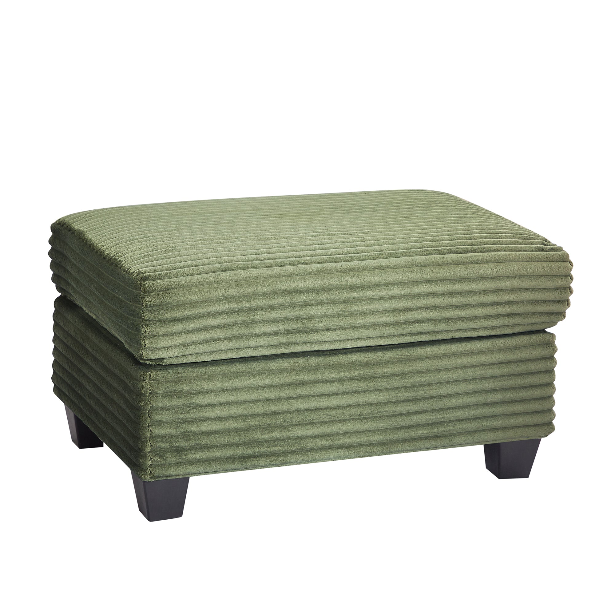 Green corduroy ottoman with padded top and dark legs