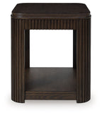 Dark brown rectangular end table with slatted sides and open lower shelf, squared legs.