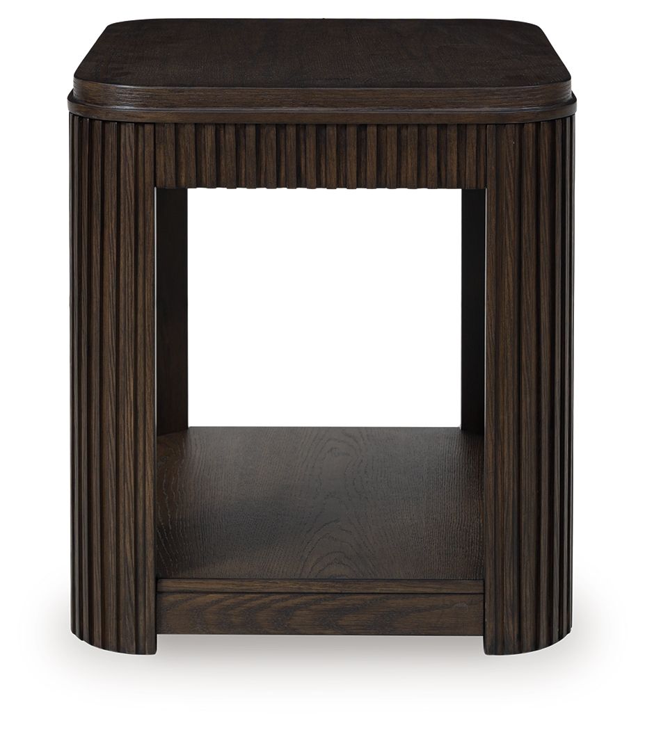 Dark brown rectangular end table with slatted sides and open lower shelf, squared legs.