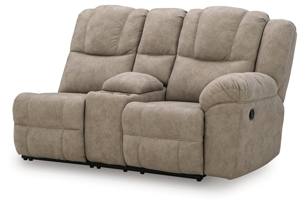 Reclining loveseat with console, rounded arms and tufted back cushions, taupe upholstery
