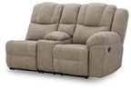 Reclining loveseat with console, rounded arms and tufted back cushions, taupe upholstery