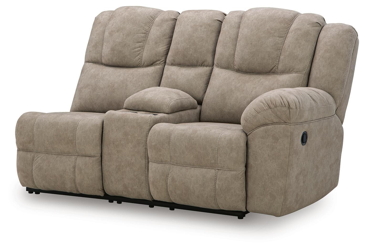 Reclining loveseat with console, rounded arms and tufted back cushions, taupe upholstery