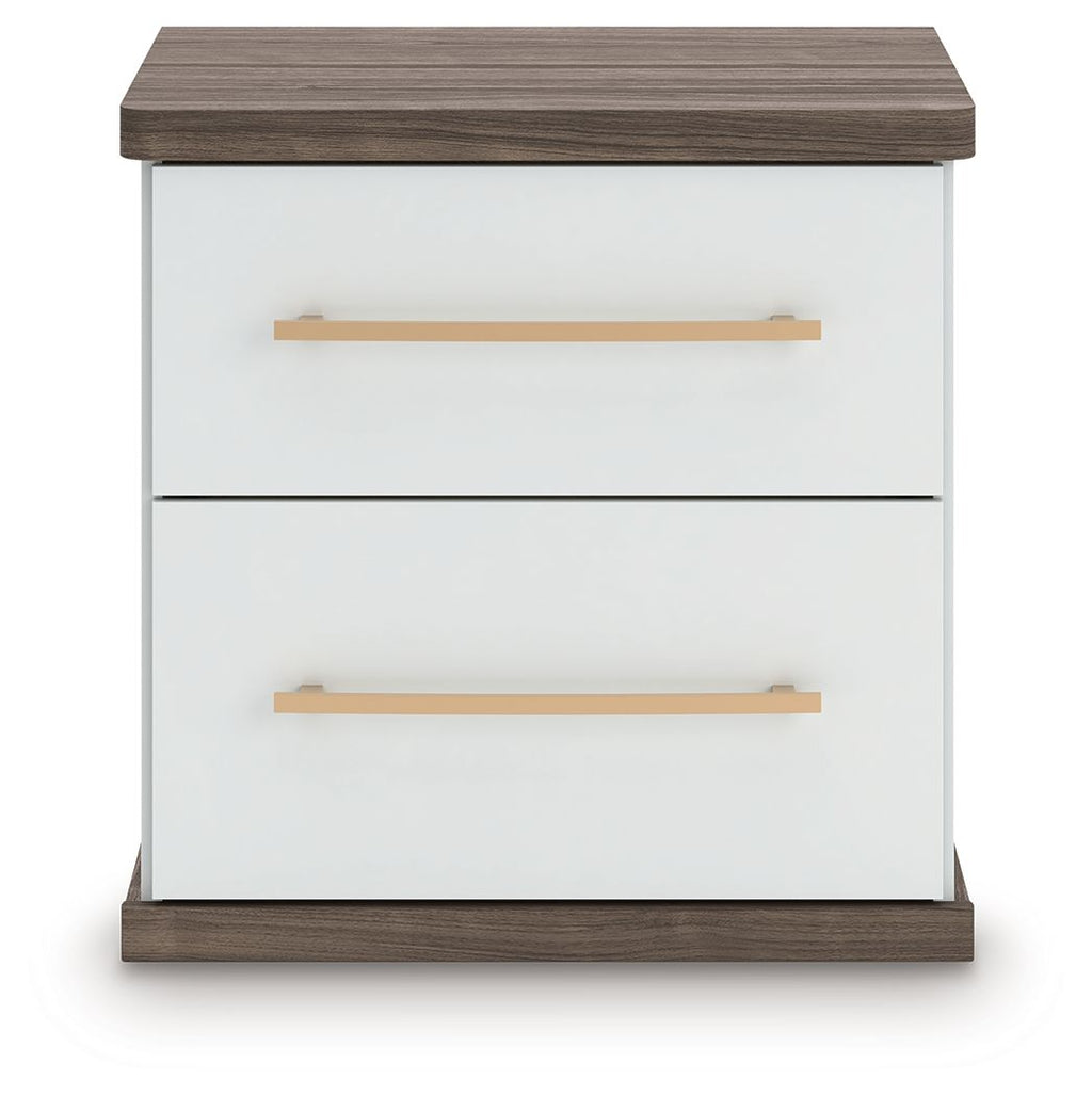 Kendanport two-drawer night stand with white front, brown trim, and two horizontal bar pulls