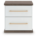Kendanport two-drawer night stand with white front, brown trim, and two horizontal bar pulls