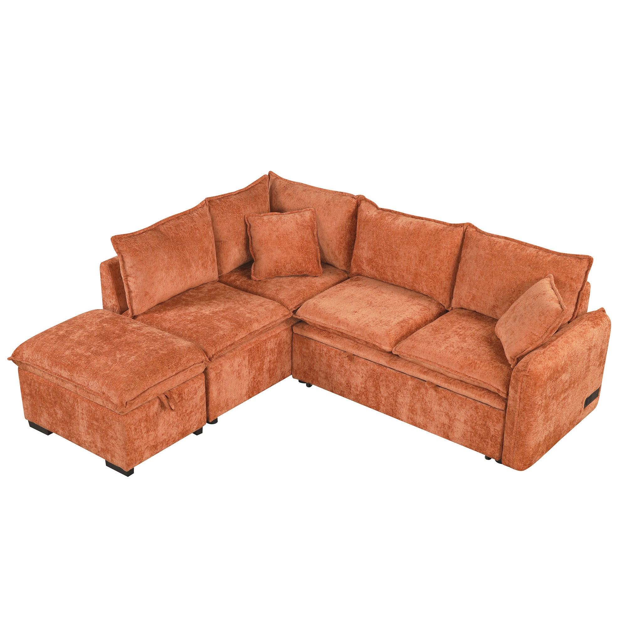 Orange L-Shaped Sectional Sofa Bed w/ Storage Ottoman