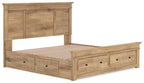 Light brown wood panel storage bed with slatted base and front drawer storage