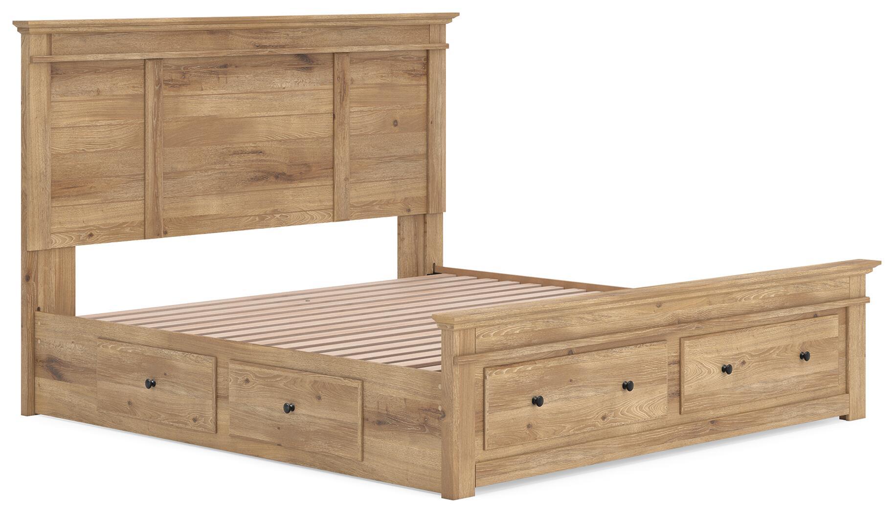 Light brown wood panel storage bed with slatted base and front drawer storage