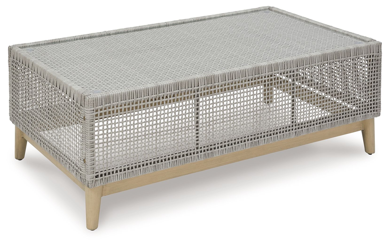 Gray rectangular cocktail table with woven lattice top and tapered wooden legs