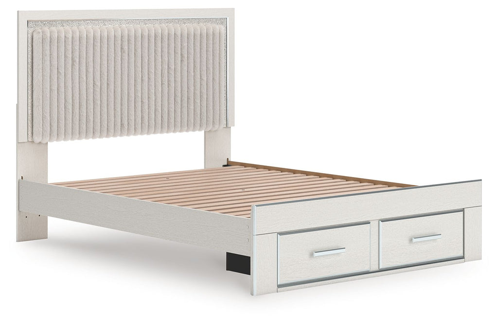 Upholstered panel platform storage bed, light upholstered headboard with open storage base and drawers