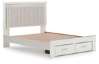 Upholstered panel platform storage bed, light upholstered headboard with open storage base and drawers