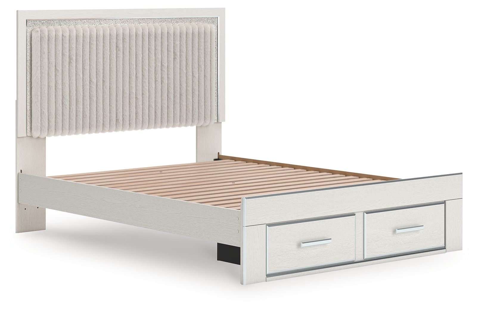 Upholstered panel platform storage bed, light upholstered headboard with open storage base and drawers