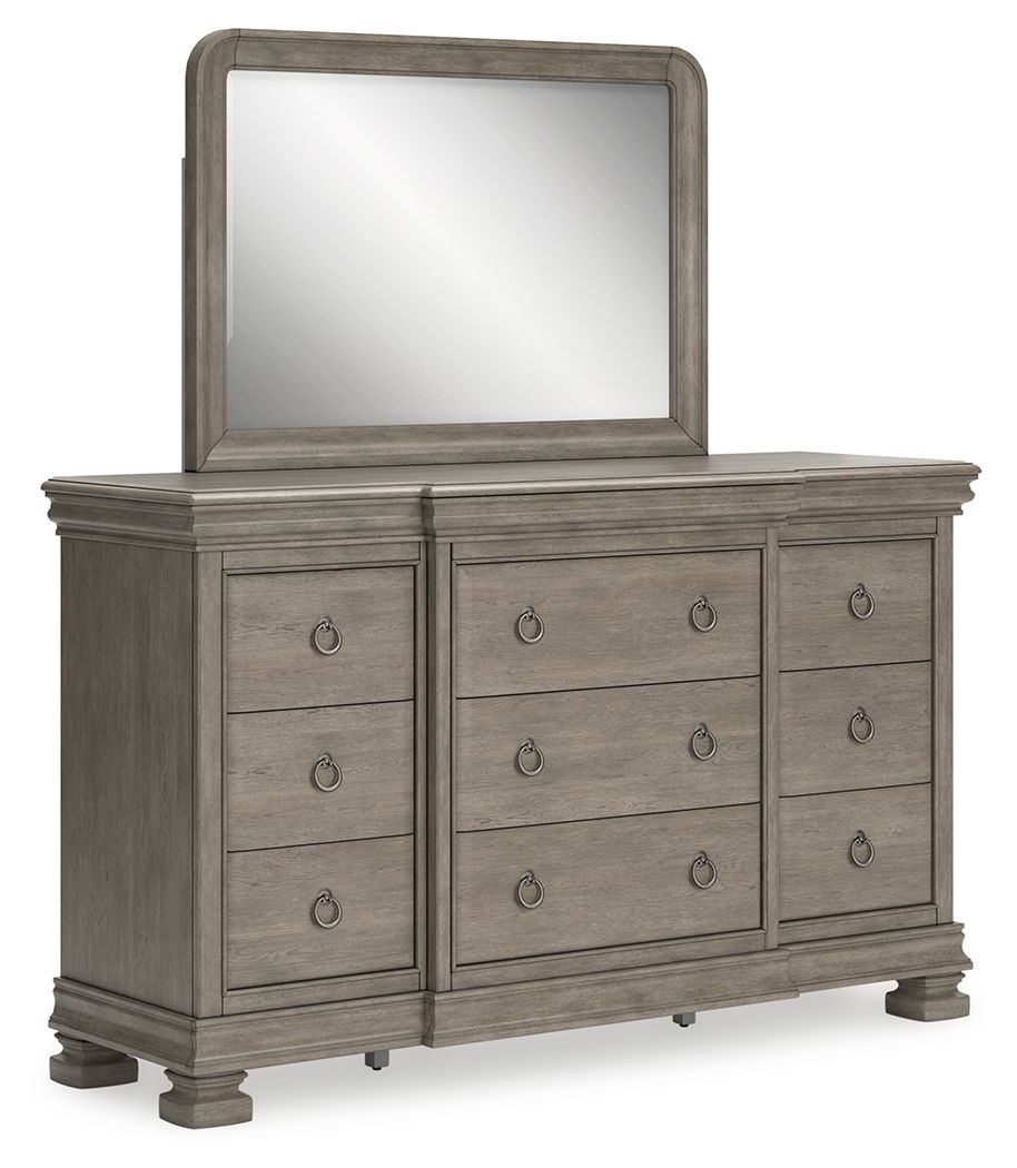Gray dresser with rectangular mirror and six drawers, oval pulls