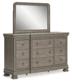 Gray dresser with rectangular mirror and six drawers, oval pulls