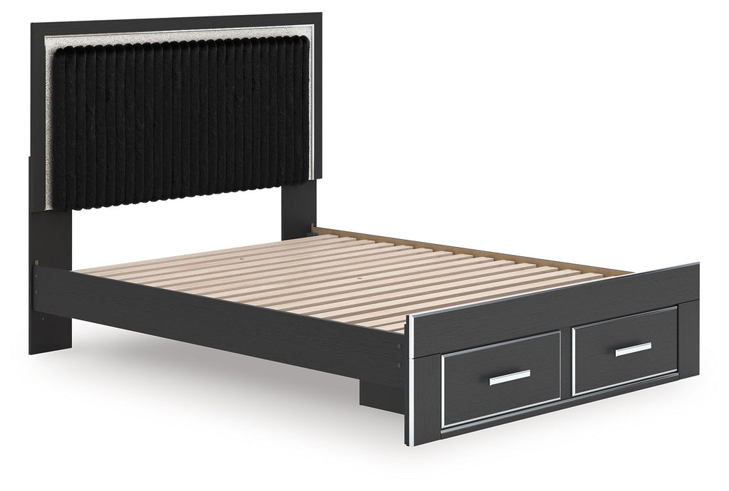 Upholstered panel platform storage bed, black headboard and frame with open slat base and drawers