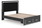 Upholstered panel platform storage bed, black headboard and frame with open slat base and drawers
