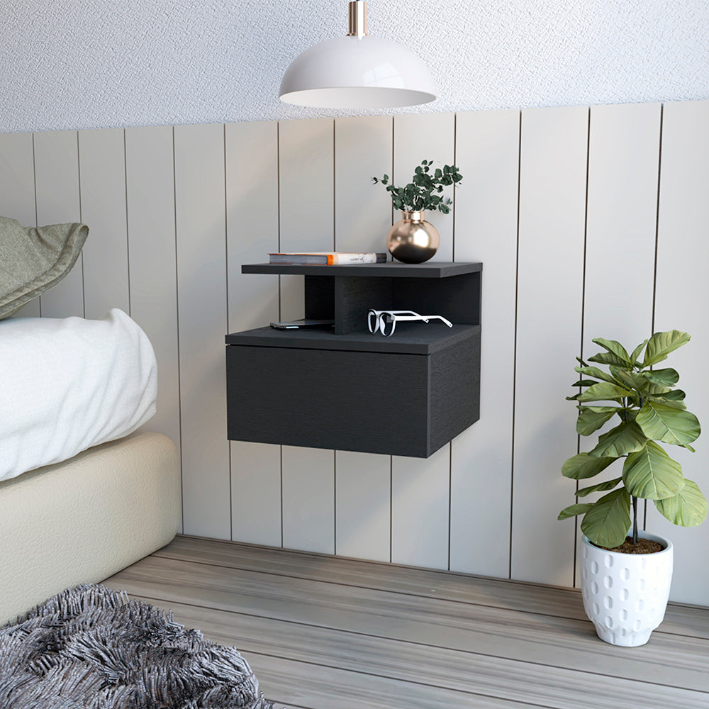 Flopini Floating Nightstand - Black Wengue, One Drawer, Modern Design