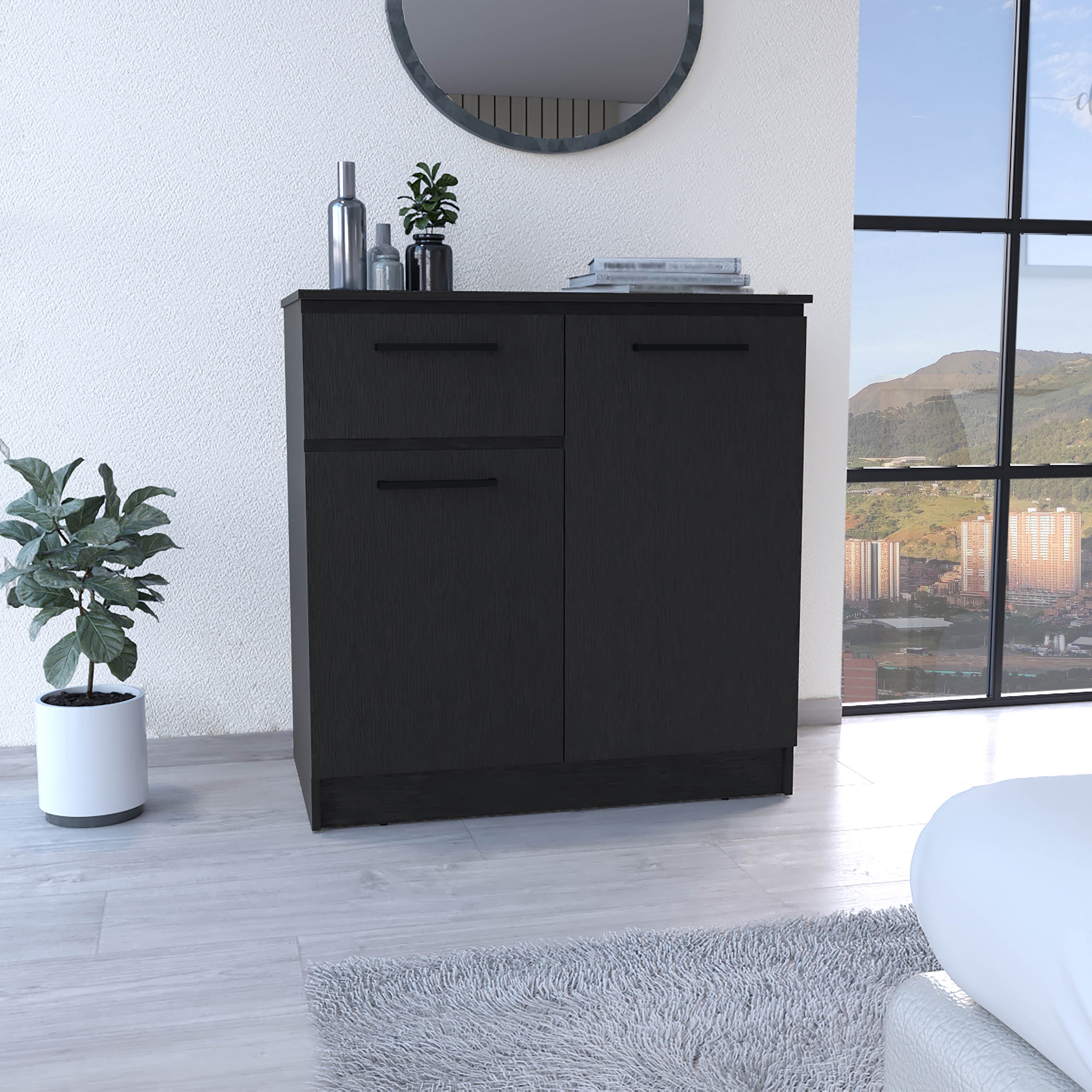 Black 2-Door, 1-Drawer Dresser Storage Cabinet