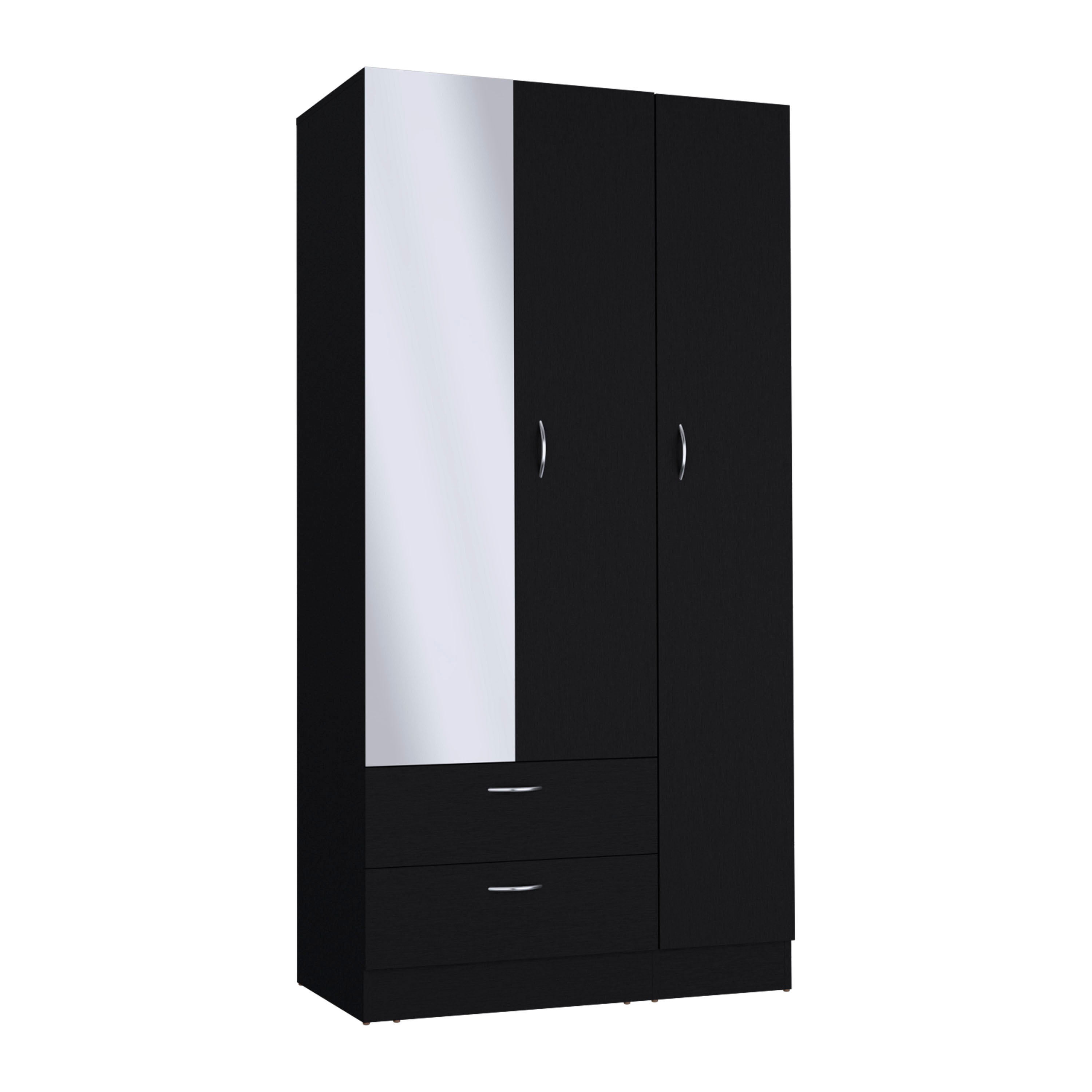 Black Wardrobe 3 Doors Mirror 2 Drawers Shelves