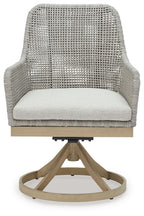 Gray swivel chair with white seat cushion and light wood round base.