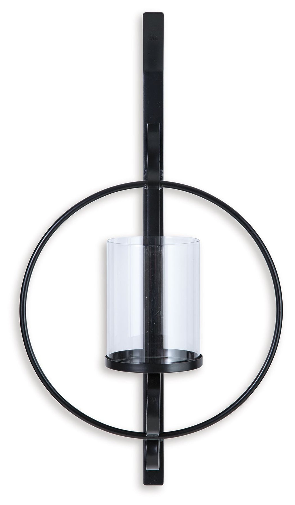 Black wall sconce with round metal ring and clear glass cylinder