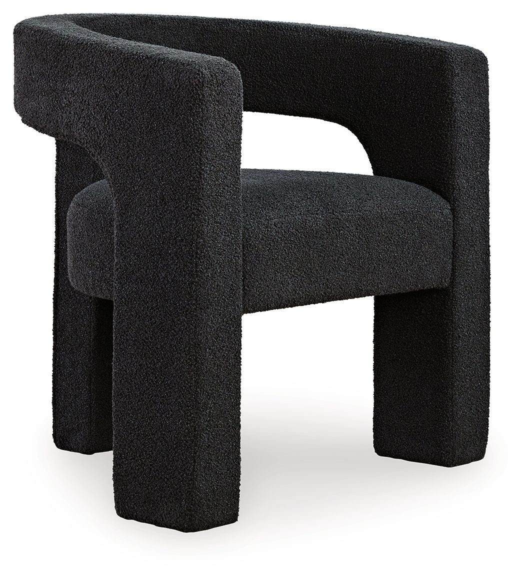 Black upholstered accent chair with thick rounded arms and block legs