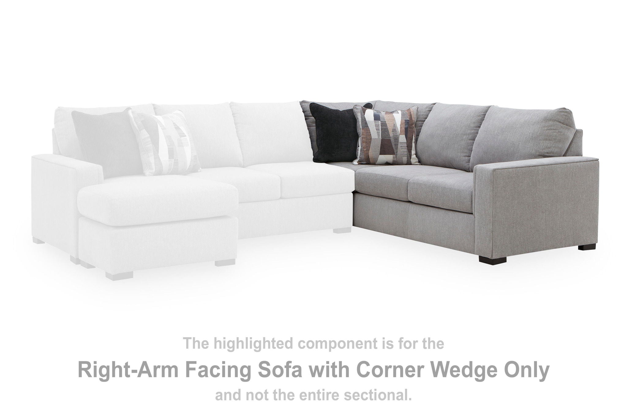 Light upholstery sofa section with corner wedge, patterned throw pillows, black legs