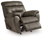Dark gray rocker recliner with extended footrest and side recline mechanism
