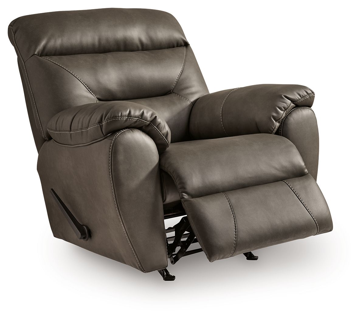 Dark gray rocker recliner with extended footrest and side recline mechanism