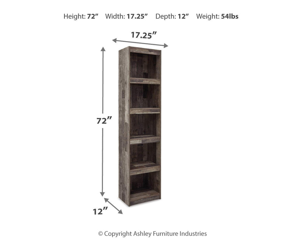 Tall multi-gray display cabinet with open shelves and dark interior