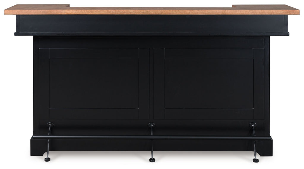 Dark bar cabinet with brown top, two front doors and caster feet