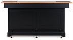 Dark bar cabinet with brown top, two front doors and caster feet